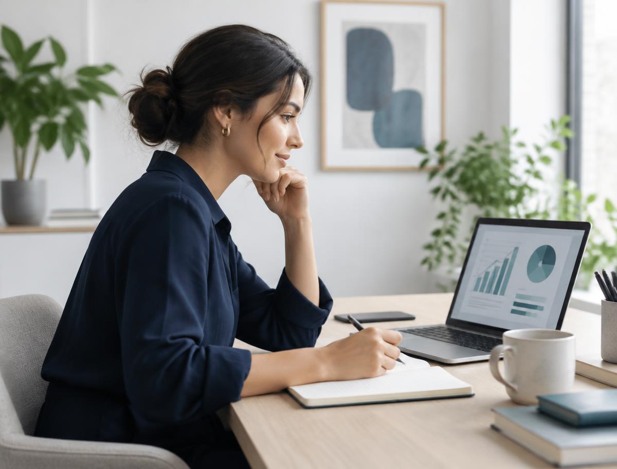 Uma colega faz anotações ao lado de um notebook com gráficos