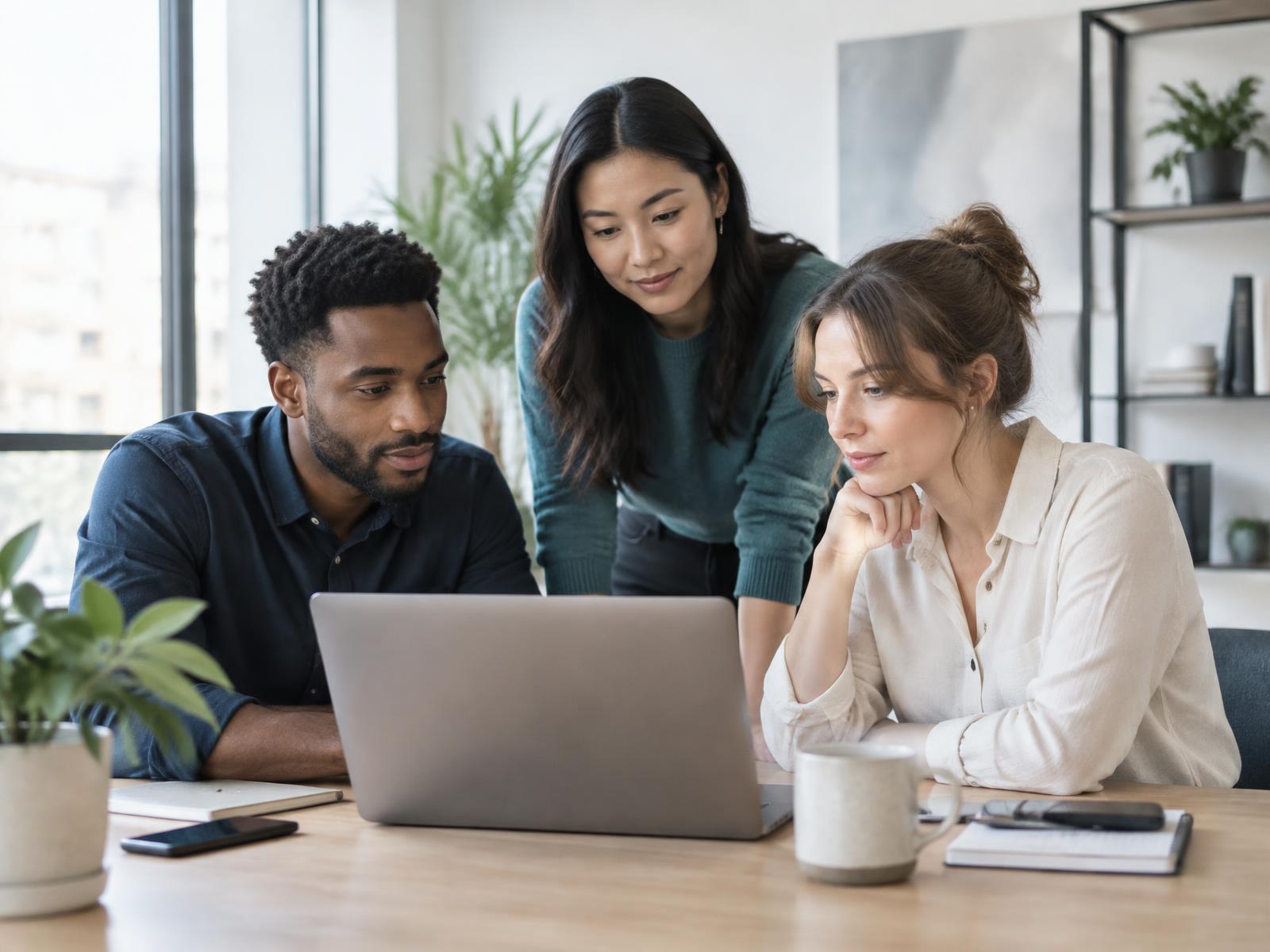 Três colegas analisando juntos um trabalho no notebook